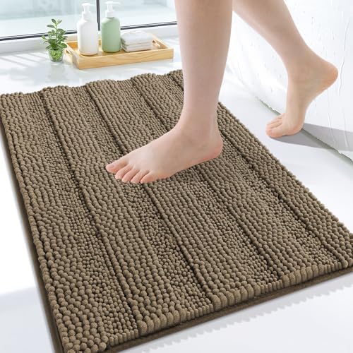 Grandaily Chenille Striped Bathroom Rugs 24x16, Extra Thick and Absorbent Bath Mats, Non-Slip Soft Plush Shaggy Shower Carpet, Machine Wash Dry, Bath Rug for Bathroom, (Small, Camel)