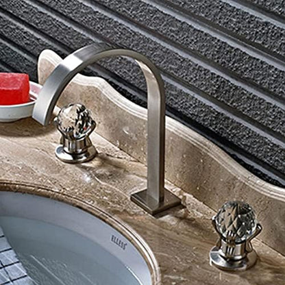 Golden Widespread Brass Bathroom Basin Faucet Dual Crystal Handles Vanity Sink Mixer Tap Hot Cold Bathtub Faucets Deck Mount，Nickel