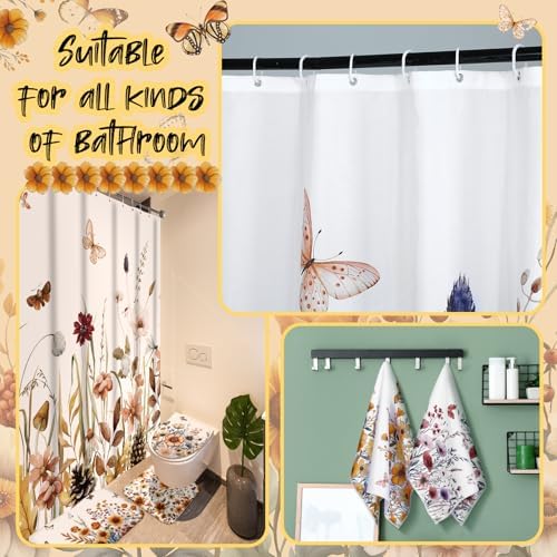 Honoson Fall Wildflower Shower Curtain Bathroom Set with Rug and Towls