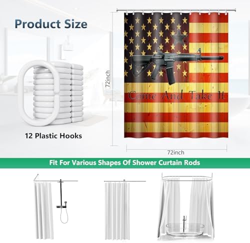 Come And Take It Rustic Wood US Flag Shower Curtain with Hooks 72 x 72 Inch