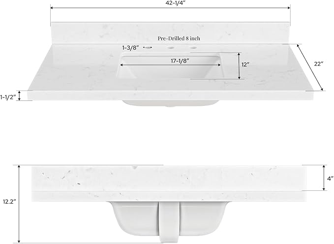 ARIEL 42 inch Bathroom Vanity top with Sink, 1.5 Inch Thick Miter Edge Carrara White Quartz top, Rectangle Single Porcelain Sink, Includes Backsplash