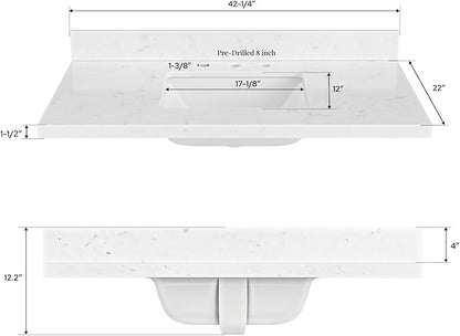 ARIEL 42 inch Bathroom Vanity top with Sink, 1.5 Inch Thick Miter Edge Carrara White Quartz top, Rectangle Single Porcelain Sink, Includes Backsplash