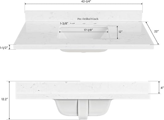ARIEL 42 inch Bathroom Vanity top with Sink, 1.5 Inch Thick Miter Edge Carrara White Quartz top, Rectangle Single Porcelain Sink, Includes Backsplash