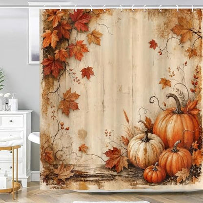 Fall Shower Curtain, Pumpkin Maple Leaves Vintage Wood Bathroom Curtain, Autumn Harvest Farmhouse Thanksgiving Bathroom Decor, Waterproof Polyester Fabric Shower Curtain with Hooks, 72x72 Inch