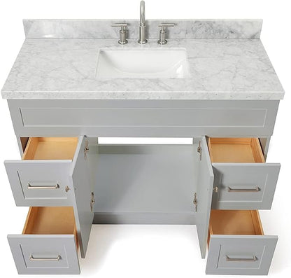 Bradford 48-Inch Bathroom Vanity with Sink — Grey Single Sink Bathroom Vanity, 1.5" Edge Italian Carrara Marble Top, Solid Wood, 2 Soft-Close Doors, 4 Full Extension Dovetail Drawers