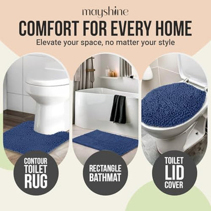 Standard 3pc Set Chenille Bath Mats, Includes 21"x24" U-Shaped Contour Toilet Rug, 21"x34" Inches Bathmat and 1 Toilet Lid Cover, Plush Absorbent Bath Mats Quick Dry, Dark Blue