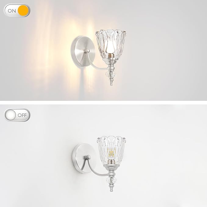 Vintage Wall Sconces Set of Two, Brushed Nickel Bathroom Vanity Light Fixtures, Hardwired Sconces Wall Deco Set of 2, Glass Wall Lights for Bathroom, Bedroom,Hallway (Excludes G9 Bulb)