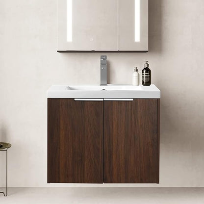 SSLine Wall Mounted Bathroom Vanity with Sink Combo Modern 24-Inch Single Bathroom Vanity Set with Top Basin &Storage Cabinet Wood Hanging Bath Cabinet w/Resin Sink for Small Space(Dark Walnut)