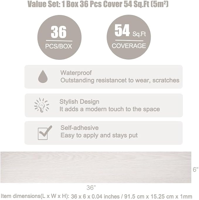 Hilarious Peel and Stick Vinyl Floor Tiles White Wood 36 PCS 54 Sq.Ft Waterproof Stick On Flooring Self-Adhesive Stick on Tiles Floor for Bathroom Kitchen Living Room RV Vinyl Flooring Planks Easy DIY