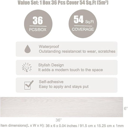Hilarious Peel and Stick Vinyl Floor Tiles White Wood 36 PCS 54 Sq.Ft Waterproof Stick On Flooring Self-Adhesive Stick on Tiles Floor for Bathroom Kitchen Living Room RV Vinyl Flooring Planks Easy DIY