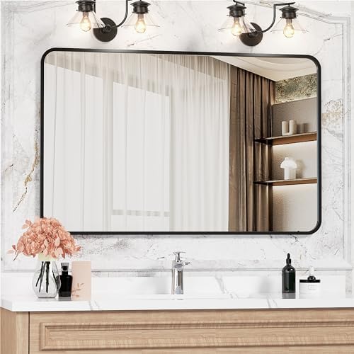 Antok 40x30 Black Metal Framed Bathroom Mirror, Wall Mirror with Round Corners, Vanity Mirror for Over Sink, Anti-Rust Tempered Glass, Horizontal/Vertical Hanging for Bathroom, Living Room, Entryway