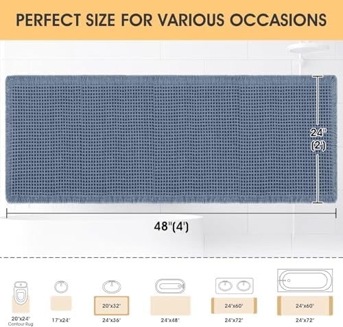IM HOME Waffle Bath Mat Blue 4'x2', Boho Woven Modern Bath Mat Rugs, Absorbent Non Slip Bathroom Rugs, Soft Washable Bath Rugs with Tassels for Bathroom, Bedroom, Kitchen, Shower, Tub