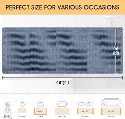 IM HOME Waffle Bath Mat Blue 4'x2', Boho Woven Modern Bath Mat Rugs, Absorbent Non Slip Bathroom Rugs, Soft Washable Bath Rugs with Tassels for Bathroom, Bedroom, Kitchen, Shower, Tub