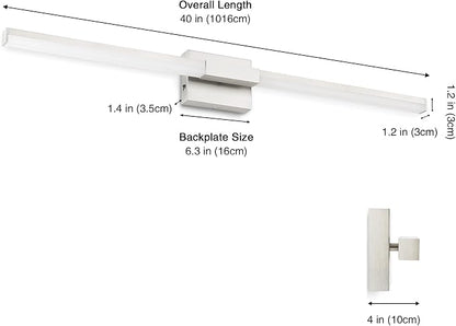 SOLFART Bathroom Lights Over Mirror 40-Inch: Brushed Nickel 5CCT Dimmable Bathroom Vanity Light, Solid Frosted Acrylic, Built-in Dimmer, 360 Degree Rotation, ETL IP44