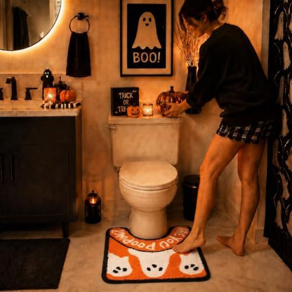 Orange Ghost Halloween Bathroom Rug, Fun U-Shaped Toilet Rug