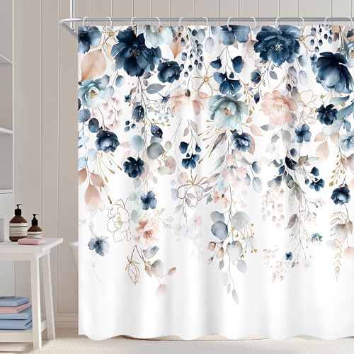 Blue Floral Flower Shower Curtain Cute Navy Flower Pastel Shower Curtain