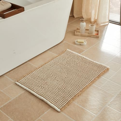 Triohero Waffle Bath Mat, Boho Bathroom Rugs Non Slip, 20x30 Khaki & White