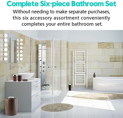 Compact 6-Piece Plastic Bathroom Accessories Set with Small Trash Can, Soap Dispenser, Toothbrush Holder, Cup, Soap Dish, Toilet Brush for Guest Bathroom Dorm Apartment (Coffee)