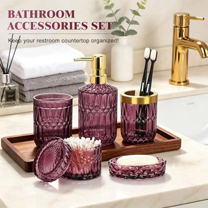 Bathroom Accessories Set, 5Pcs Bathroom Soap Dispenser Set, Glass Bathroom Accessories with Glass Soap Dispenser, Soap Dish, Toothbrush Holder, Tumbler, Cotton Swab Jar (Red)