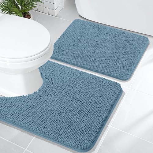 OLANLY Chenille Bathroom Rugs Mats Sets 2 Piece, 24"x16"+24"x20", Airy Blue