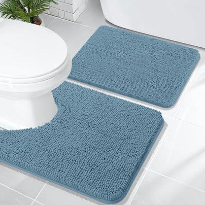 OLANLY Chenille Bathroom Rugs Mats Sets 2 Piece, 24"x16"+24"x20", Airy Blue