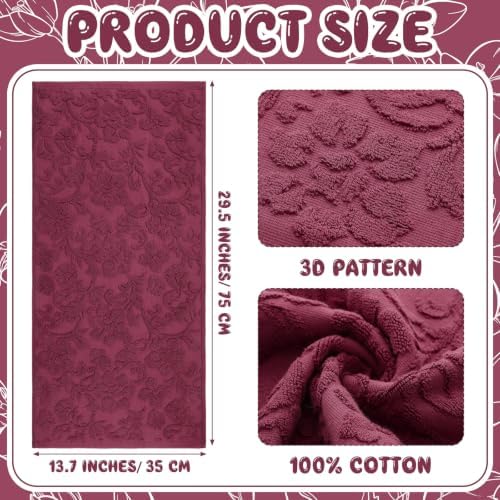 SmoothNovelty 2 Pcs Burgundy Red Floral Jacquard Hand Towels for Bathroom