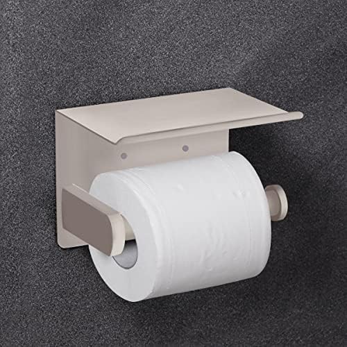VAEHOLD Self Adhesive Toilet Paper Holder with Phone Shelf SUS 304 Stainless Steel Wall Mounted Toilet Paper Roll Holder - Rustproof and Bathroom Washroom Tissue Roll Holder with Shelf -Beige