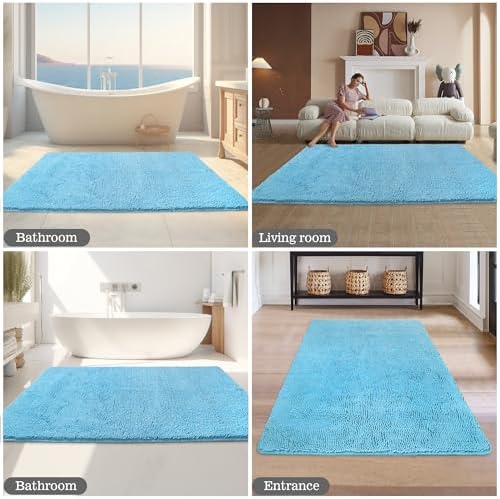 Yeaban Chenille Sky Blue Bathroom Rug 36"x60",Non-Slip Rubber Backing