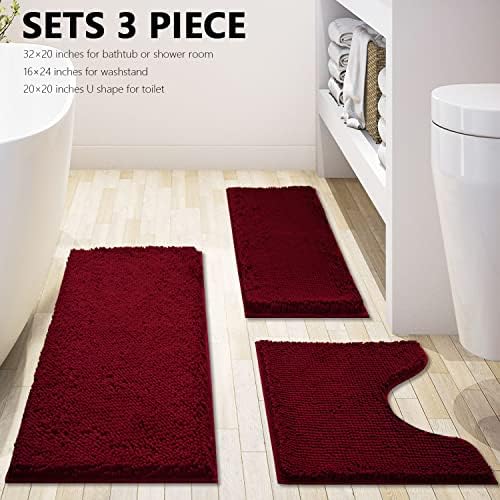 Bathroom Rugs Chenille 3-Piece Extra Soft and Absorbent Shag Bathroom Rugs, Machine Wash Mat, Strong PVC Non-Slip Underside, Plush Carpet Mats (Burgundy)