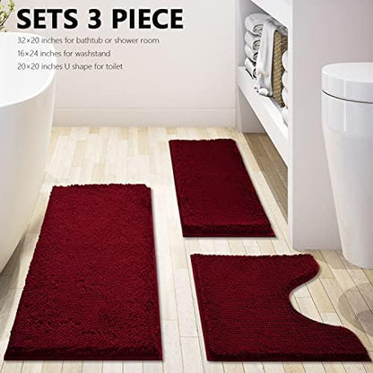Bathroom Rugs Chenille 3-Piece Extra Soft and Absorbent Shag Bathroom Rugs, Machine Wash Mat, Strong PVC Non-Slip Underside, Plush Carpet Mats (Burgundy)