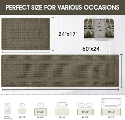 Upgraded Waffle Bath Mat Set 2 Piece Greyish Green-Looped, Super Absorbent Non-Slip Quick Dry Bathroom Rugs with Tassels, Machine Washable Ultra Soft Boho Bath Rugs, Toilet Mats Boho Farmhouse Decor
