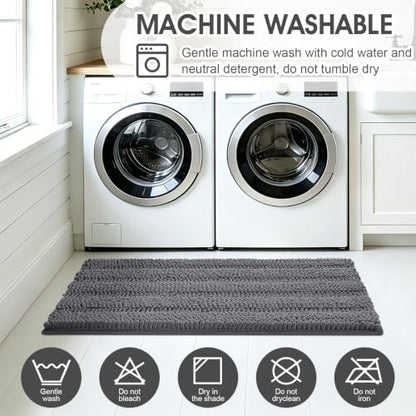 Striped Grey Toilet Bathroom Rug Mat Bath Mat Set 2 piece Ultra Soft, Non Slip Chenille Bath Rugs, Absorbent Plush Shaggy Bath Mats for Bathroom, Bedroom, Kitchen, Shower, Tub,Dark Gray, Charcoal