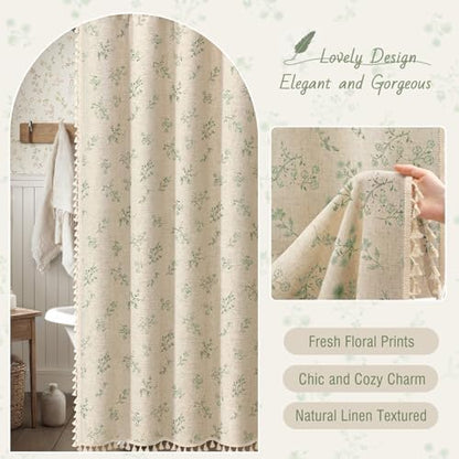 Green Floral Farmhouse Vintage Linen Shower Curtain with Tassel 72Wx72H