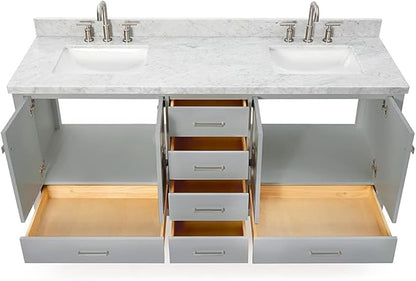 DKB Beckford 72 Inch Bathroom Vanity Double Sink — Grey Bathroom Vanity with Sink, 1.5" Edge Italian Carrara Marble Countertop & Backsplash, 4 Soft-Close Doors, 6 Dovetail Drawers
