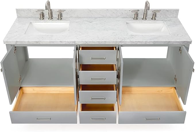ARIEL Cambridge 72-inch Bathroom Vanity with Sink,Solid Wood, 1.5-inch Italian Carrara Marble Countertop, Double Rectangular Porcelain Sink, 4 Soft Closing Doors, 6 Dovetail Drawers, Grey