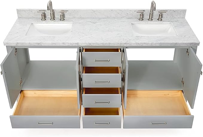 ARIEL Cambridge 72-inch Bathroom Vanity with Sink,Solid Wood, 1.5-inch Italian Carrara Marble Countertop, Double Rectangular Porcelain Sink, 4 Soft Closing Doors, 6 Dovetail Drawers, Grey