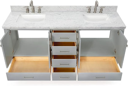 ARIEL Cambridge 72-inch Bathroom Vanity with Sink,Solid Wood, 1.5-inch Italian Carrara Marble Countertop, Double Rectangular Porcelain Sink, 4 Soft Closing Doors, 6 Dovetail Drawers, Grey