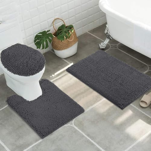 Standard 3pc Set Chenille Bath Mats, Includes 21"x24" U-Shaped Contour Toilet Rug, 21"x34" Inches Bathmat and 1 Toilet Lid Cover, Plush Absorbent Bath Mats Quick Dry, Charcoal Gray