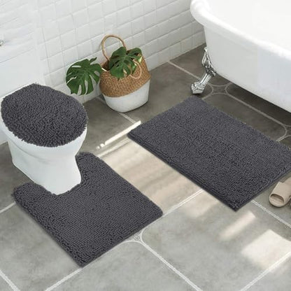 Standard 3pc Set Chenille Bath Mats, Includes 21"x24" U-Shaped Contour Toilet Rug, 21"x34" Inches Bathmat and 1 Toilet Lid Cover, Plush Absorbent Bath Mats Quick Dry, Charcoal Gray