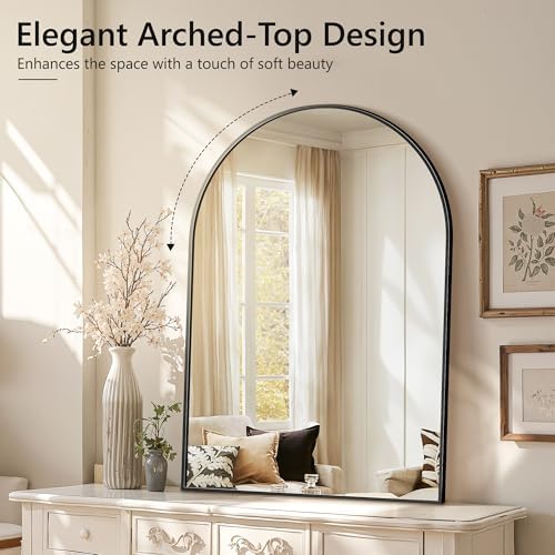 Arched Bathroom Mirror for Wall, 40" x 28" Metal Frame Vanity Mirror, Black