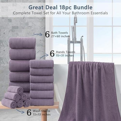 18 Piece Bath Towels Set,Soft Family Bathroom Towel Set with Hanging Loops-6 Bath Towels,6 Hand Towels,6 Washcloths,Highly Absorbent Quick Dry Shower Towel for Bathroom,Hotel,Spa-Purple Towel Set