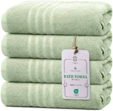 CORE 4-Piece Cotton Bath Towels for Bathroom | Value Pack, Soft, Absorbent, Quick-Dry, Lightweight, Minimalist, 27x54 in, Moss Green