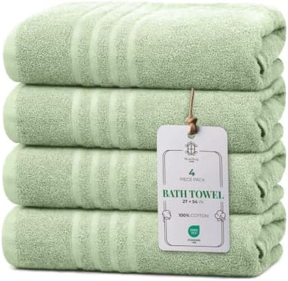 CORE 4-Piece Cotton Bath Towels for Bathroom | Value Pack, Soft, Absorbent, Quick-Dry, Lightweight, Minimalist, 27x54 in, Moss Green