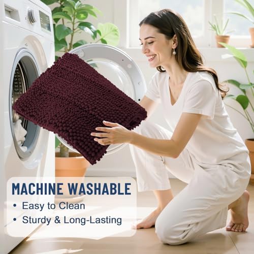 Grandaily Chenille Striped Bathroom Rugs 24x16, Extra Thick and Soft Absorbent Bath Mats, Rubber Backing, Plush Shaggy Shower Carpet, Machine Wash Dry, Bath Rug for Bathroom, Black Cherry