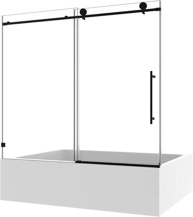Single Sliding Shower Door,55"-60" W x 63" H Frameless Shower Door with 5/16" (8mm) Thick SGCC Tempered Glass W/Adjustable Soft Closing,Bathroom Glass Door for Spa（Matte Black）