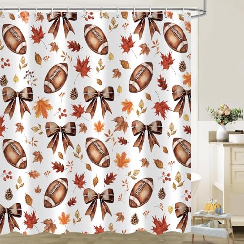 Fall Shower Curtain, Football Maple Leaves Bow Autumn Thanksgiving Funny Bathroom Decor, 72 x 72 Inch Polyester Fabric Waterproof Bathroom Curtain with 12 Hooks