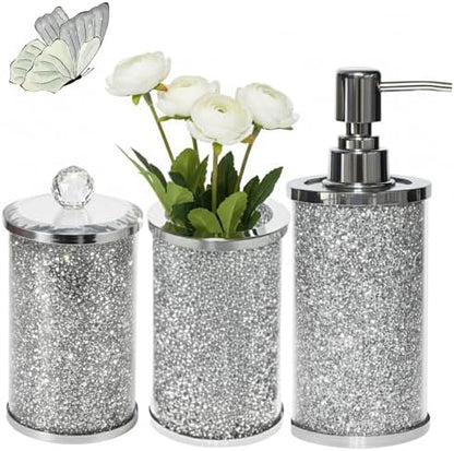 Escenzy Crushed Diamond Bathroom Accessories Set 3 Pcs | Silver Crystal Glass Soap Dispenser, Toothbrush Holder, Tumbler | Luxury Glam Bathroom Decor | Modern Vanity Organizer Gift
