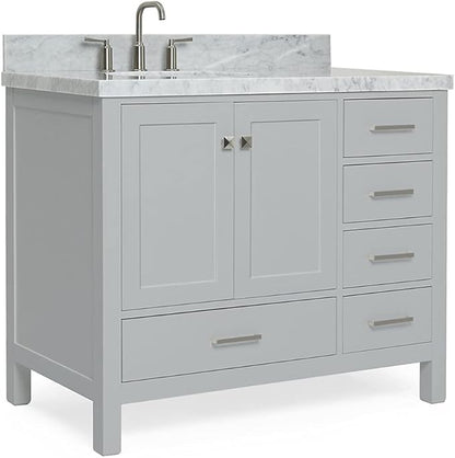 ARIEL Cambridge 42-inch Bathroom Vanity with Sink,Solid Wood, 1.5-inch Italian Carrara Marble Countertop & Backsplash, Single Oval Porcelain Sink, 2 Soft Closing Doors, 5 Dovetail Drawers, Grey
