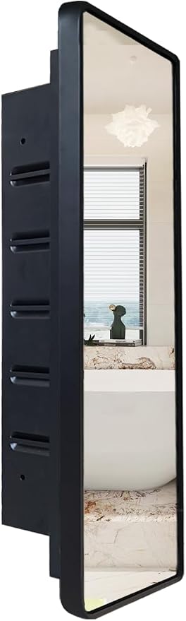 Black Medicine Cabinet 22x28 inch, Bathroom Mirror with Storage, Recessed or Wall Mounted Farmhouse Cabinets, Metal Framed Adjustable Shelves, One Door Open Left or Right