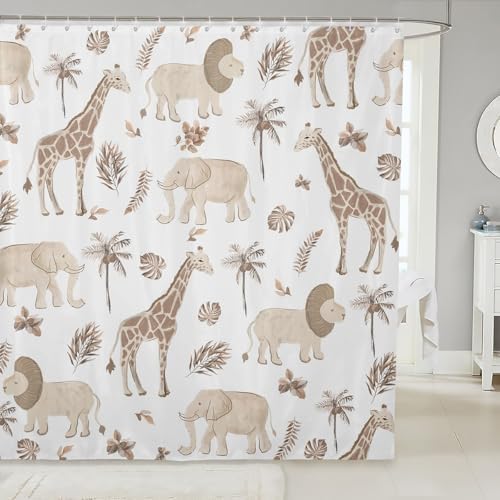 Feelyou Safari Animal Shower Curtain Kids Boys Elephant Lion Giraffe Bathroom Waterproof Accessories with 12 Hooks 72x72 Inches Hunter Brown Rust Wildlife Room Decor